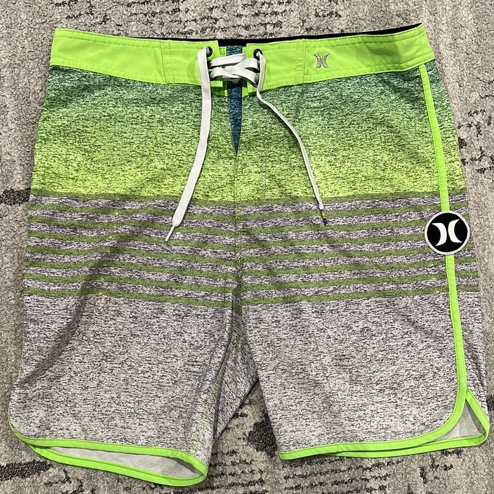 Hurley Green and Gray Board Shorts with Surf-Style Design